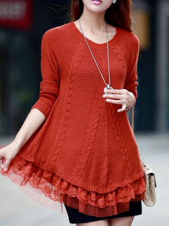 Round Neck Slim Plain Lace Lace Sweater (Style V101064)
