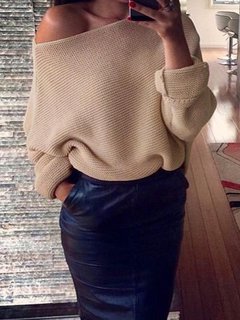 Off The Shoulder Standard Casual Knitted Asymmetrical Sweater (Style V101071)