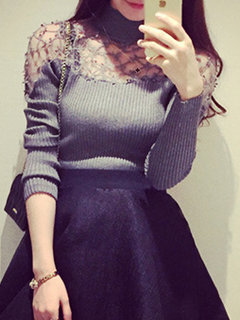 Turtleneck Standard Loose Plain Patchwork Sweater (Style V101097)