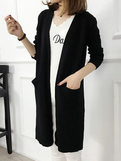 Long Loose Casual Plain Pockets Sweater (Style V101098)