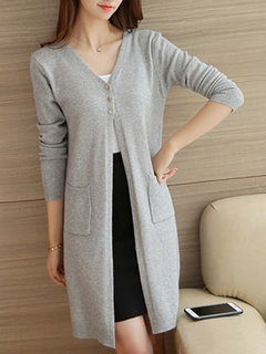 V-neck Long Loose Plain Knitted Sweater (Style V101100)