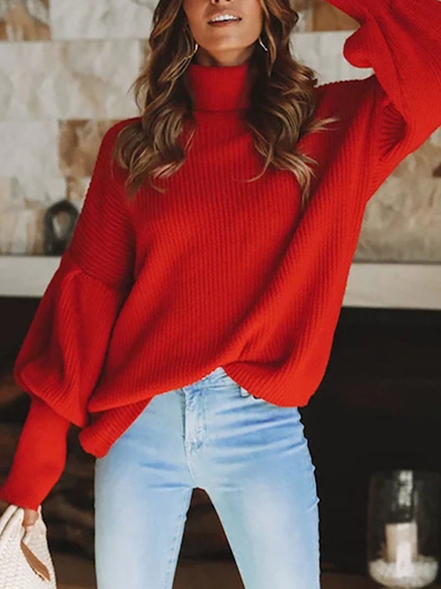 Red Turtleneck Loose Casual Plain Polyester Sweater (Style V101108 ...