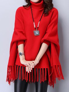 Turtleneck Elegant Plain Polyester Tassel Sweater (Style V101113)