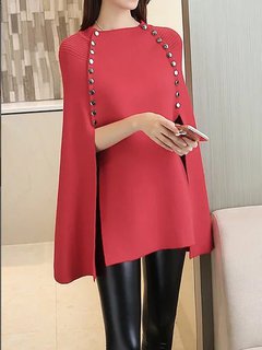 Loose Elegant Plain Polyester Button Sweater (Style V101114)