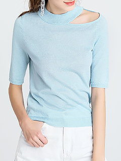 Stand Collar Standard Elegant Plain Knitted Sweater (Style V101124)