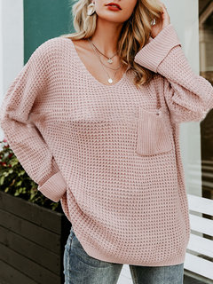 V-neck Standard Loose Plain Pockets Sweater (Style V101146)
