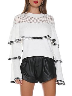 Round Neck Standard Slim Plain Cascading Ruffle Sweater (Style V101154)