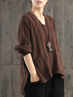Standard Loose Casual Plain Cotton Sweater (Style V101161)