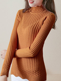 Polo Neck Standard Slim Plain Knitted Sweater (Style V101169)