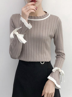 Round Neck Elegant Plain Polyester Strappy Sweater (Style V101174)