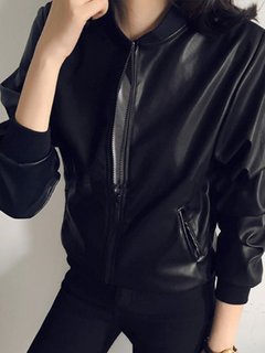 Straight Casual Plain PU Leather Zipper Jacket (Style V101196)