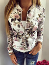 Round Neck Straight Floral Cotton Blends Zipper Jacket (Style V101210)