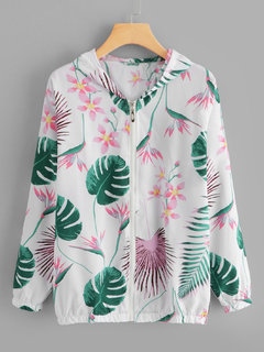 Hooded Straight Beach Plants Polyester Coat (Style V101237)