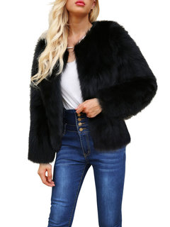 Round Neck Short Fashion Plain Fauxfur Jacket (Style V101248)