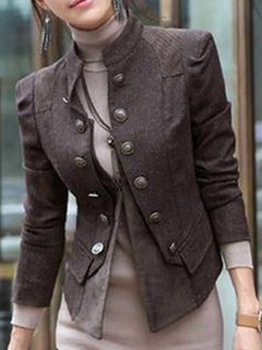 Stand Collar Short Office Cotton Blends Button Jacket (Style V101249)