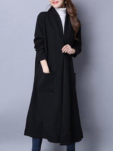 Black Long Loose Plain Polyester Pockets Coat (Style V101255) - VEDACHIC
