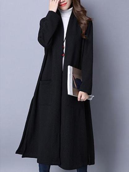 Black Long Loose Plain Polyester Pockets Coat (Style V101255) - VEDACHIC