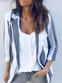 Shawl Collar Long Elegant Striped Pockets Coat (Style V101270)