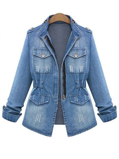 Stand Collar Slim Party Plain Denim Jacket (Style V101291)