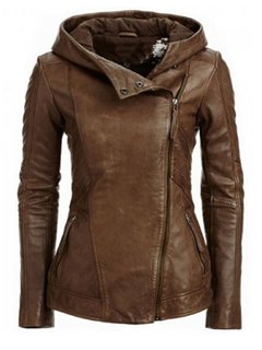 Hooded Short Straight Plain PU Leather Jacket (Style V101294)