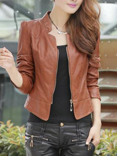 Stand Collar Short Straight Plain Fauxfur Jacket (Style V101297)