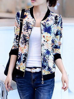 Stand Collar Straight Floral Cotton Blends Zipper Jacket (Style V101299)