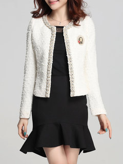 Slim Office Plain Tweed Beaded Jacket (Style V101303)