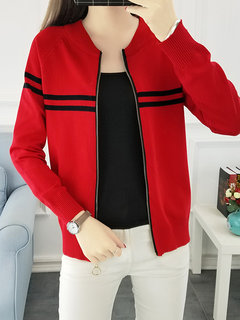 Slim Elegant Striped Knitted Zipper Coat (Style V101310)