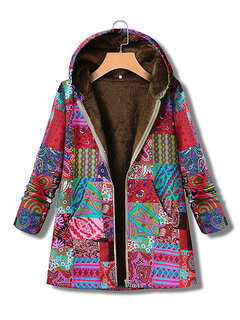 Hooded Long Floral Cotton Blends Pockets Coat (Style V101316)