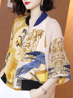 Stand Collar Straight Date Night Polyester Zipper Jacket (Style V101330)