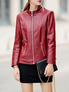 Stand Collar Straight Party Plain Pockets Jacket (Style V101342)