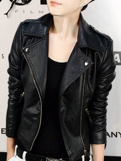 Shawl Collar Casual Plain PU Leather Zipper Jacket (Style V101344)