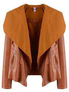 Shawl Collar Short Plain PU Leather Patchwork Jacket (Style V101353)