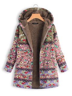 Hooded Long Casual Floral Dacron Coat (Style V101357)