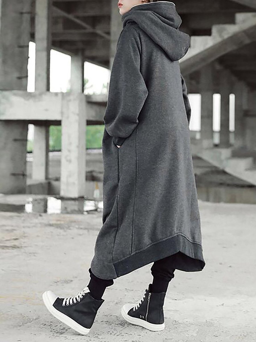 Grey Long Loose Casual Spandex Zipper Coat (Style V101361) - VEDACHIC