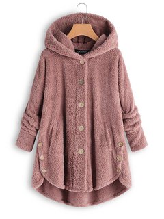 Hooded Loose Plain Dacron Button Coat (Style V101362)