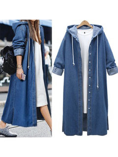 Hooded Straight Plain Denim Button Coat (Style V101373)