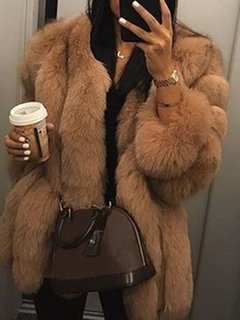 Long Loose Elegant Plain Fauxfur Coat (Style V101374)