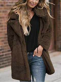 Shawl Collar Knee Length Plain Fauxfur Pockets Coat (Style V101383)