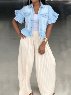 Shirt Collar Slim Plain Denim Wavy Edge Jacket (Style V101410)