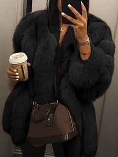 Round Neck Loose Elegant Plain Fauxfur Coat (Style V101411)