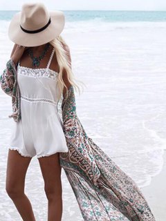 Off The Shoulder Long Beach Chiffon Pattern Coat (Style V101418)