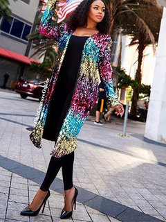 Round Neck Long Loose Spandex Pattern Coat (Style V101422)