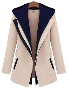 Hooded Long Color Block Cotton Pockets Coat (Style V101444)