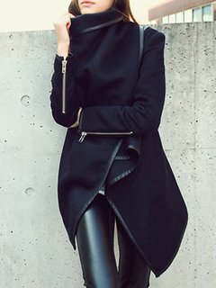 Shawl Collar Long Plain Cotton Asymmetrical Coat (Style V101459)