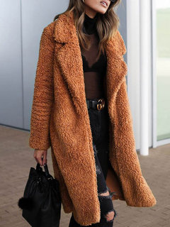 Shawl Collar Long Loose Elegant Fauxfur Coat (Style V101473)