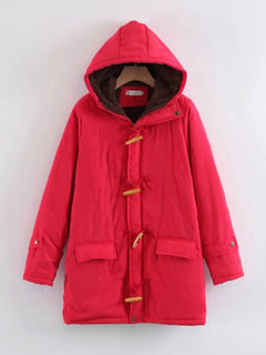 Hooded Loose Plain Cotton Blends Button Coat (Style V101481)