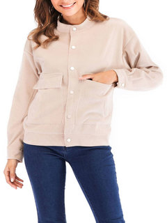 Round Neck Long Straight Plain Cotton Jacket (Style V101490)