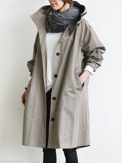 Hooded Long Elegant Plain Button Coat (Style V101500)