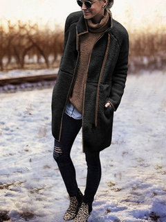 Stand Collar Loose Fashion Plain Pockets Coat (Style V101515)